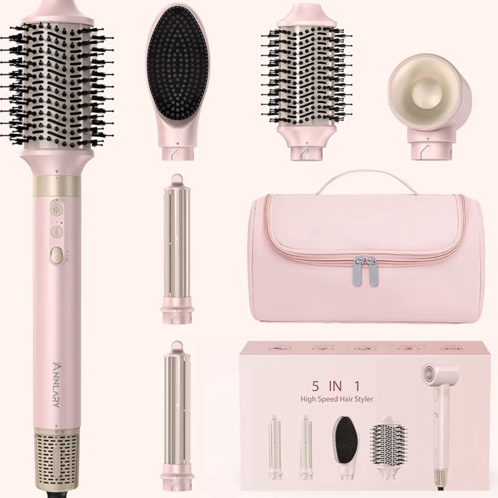 ANNLARY 5 in 1 hot air styler blow dry brush air wrap pink with case tool